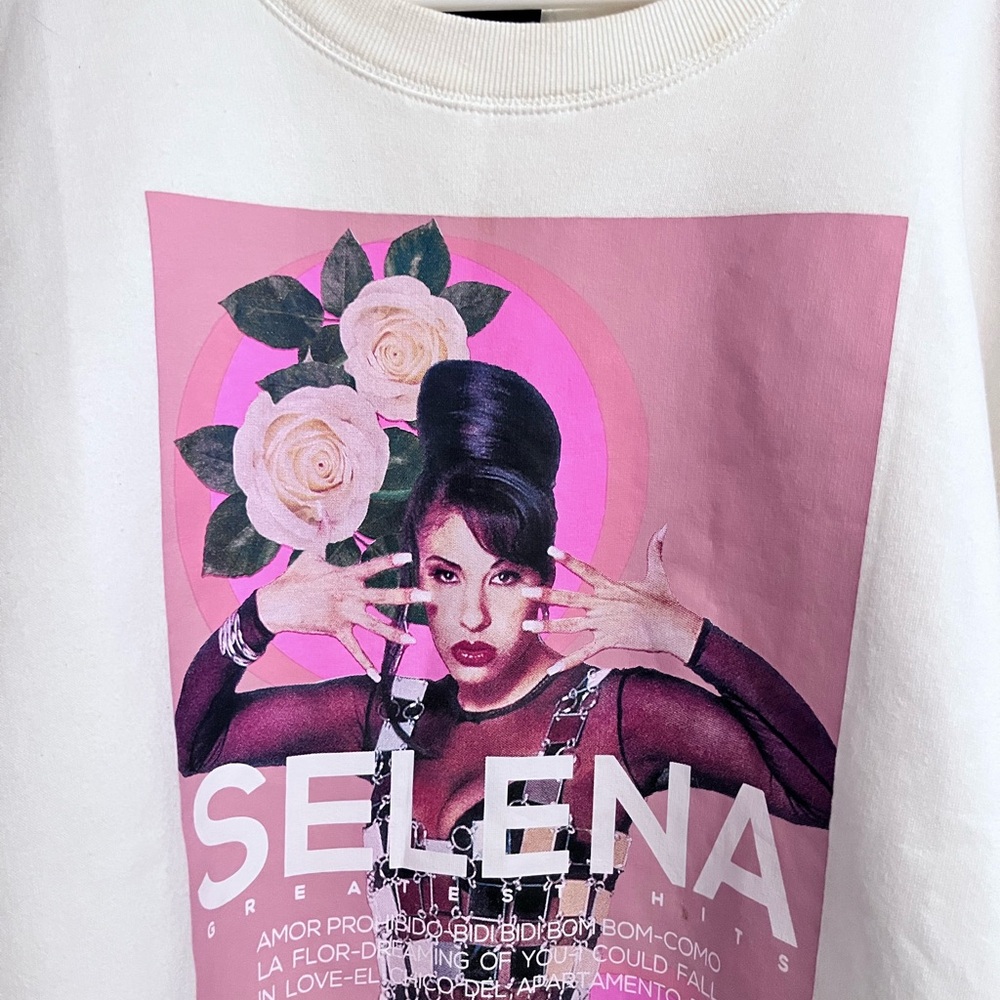 Selena graphic with pink crop top sweater